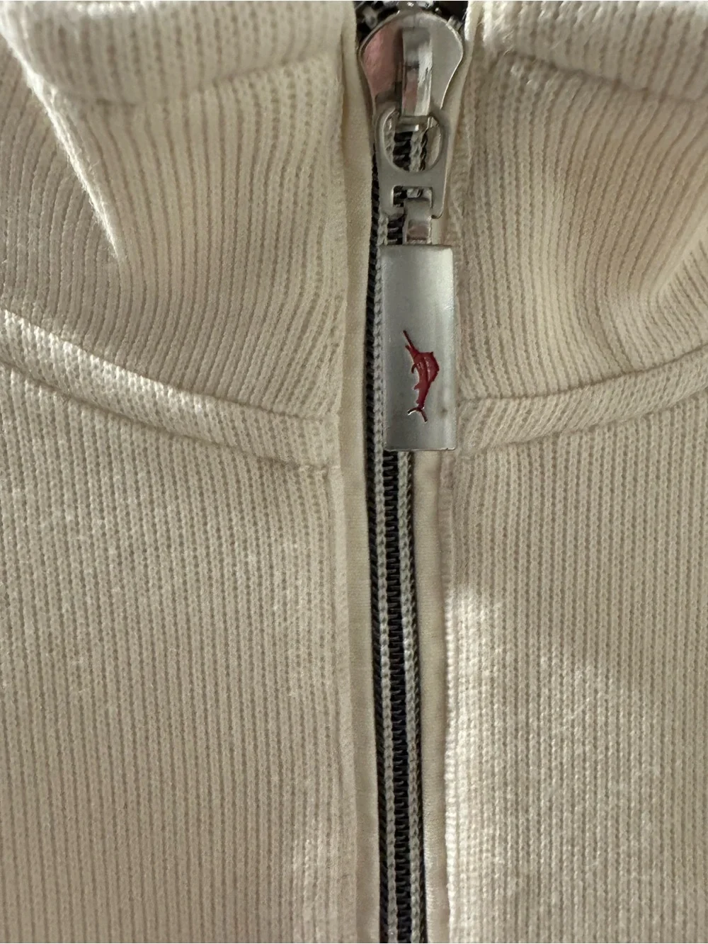 Tommy Bahama Cream Quarter-Zip Sweater with Light Blue Dolphin